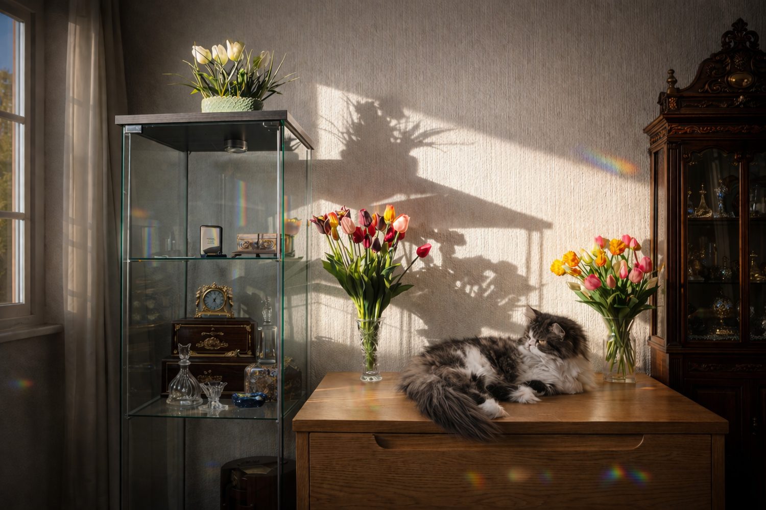 A sunlit interior with a glass vitrine, antiques and tulips